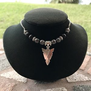 Arrow choker necklace . Gun metal lava rock silver arrow bead boho necklace